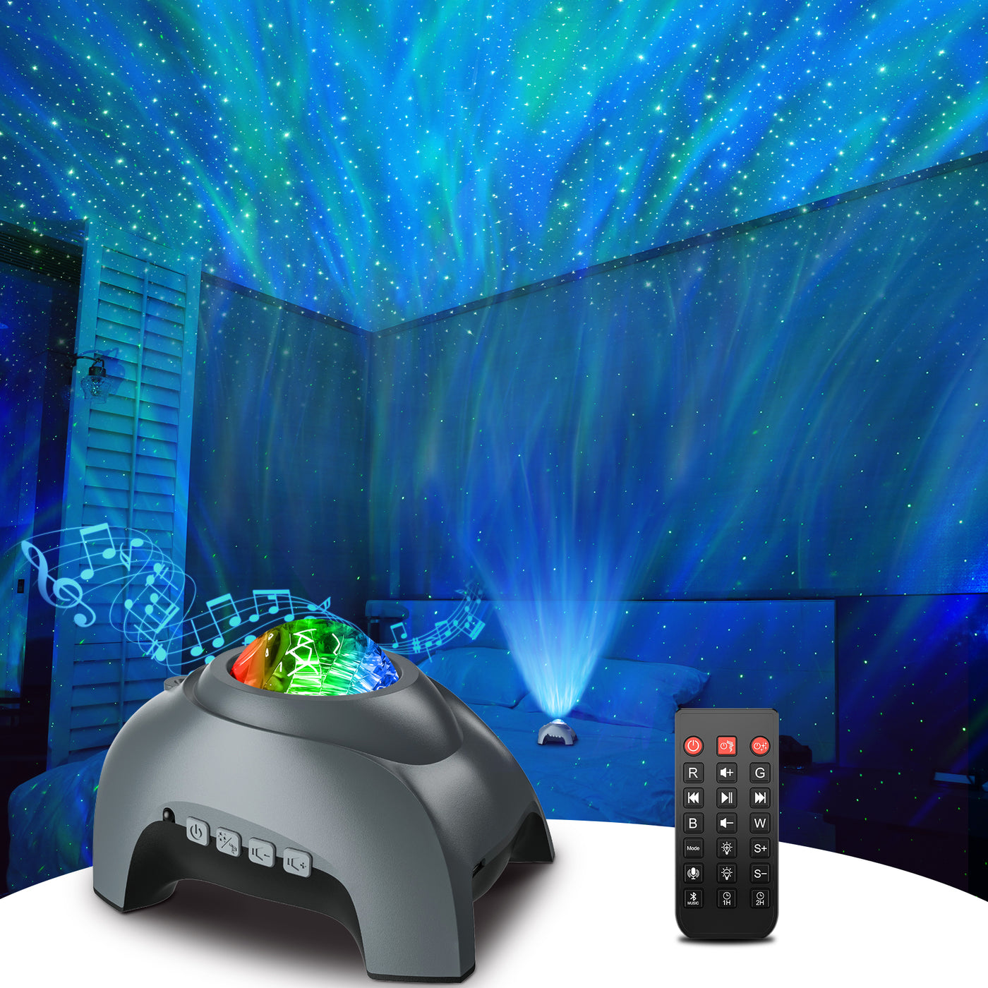 Rossetta Star, Galaxy Aurora Projector with Bluetooth Speaker and White Noise, Night Light for Kids Adults Bedroom, Gaming Room, Home Theater, Ceiling, Room Decor (Grey)