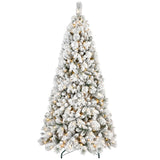 7 ft snow-flocked artificial Christmas tree with warm white lights on white background