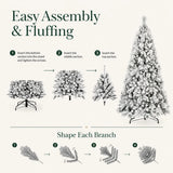 Three-section flocked Christmas tree assembly and branch-fluffing guide