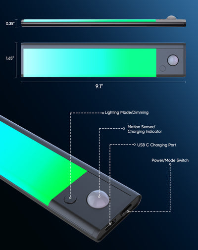Rossetta Under Cabinet Lights, Wireless Rechargeable Motion Sensor Light Indoor, 47 LED Lights RGB Under Cabinet Lighting, Battery Operated Closet Lights for Kitchen Closet Stairs Hallway