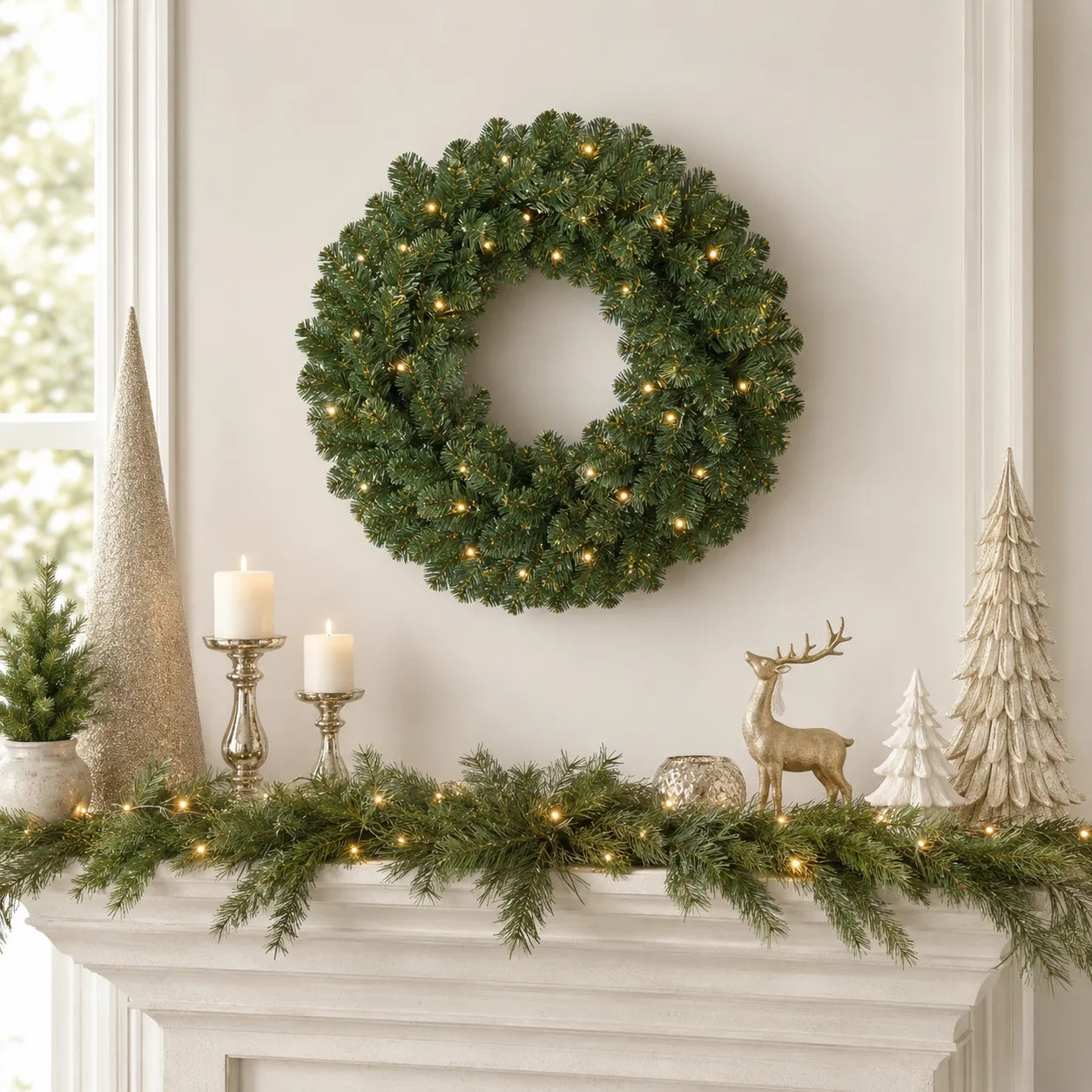 25-inch green pre-lit Christmas wreath with warm LED lights above a holiday mantel