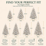 Snow-flocked Christmas tree height and width guide from 4 to 9 ft