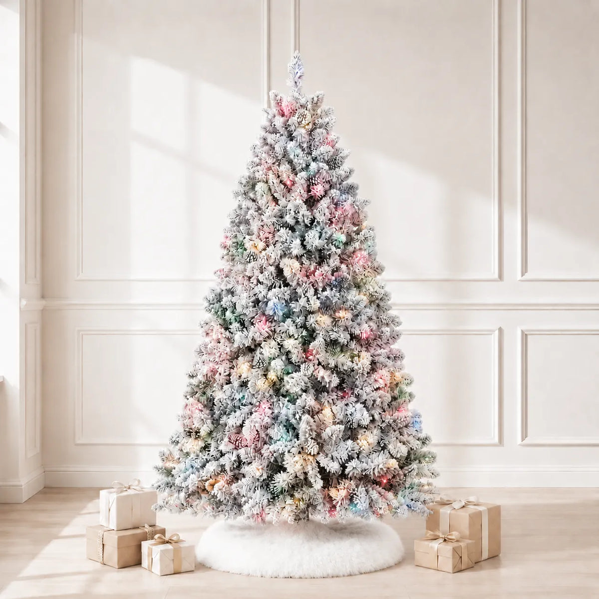Multicolor pre-lit snow-flocked pinecone Christmas tree in a bright room