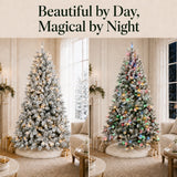 Snow-flocked pinecone Christmas tree shown with warm-white and multicolor lights