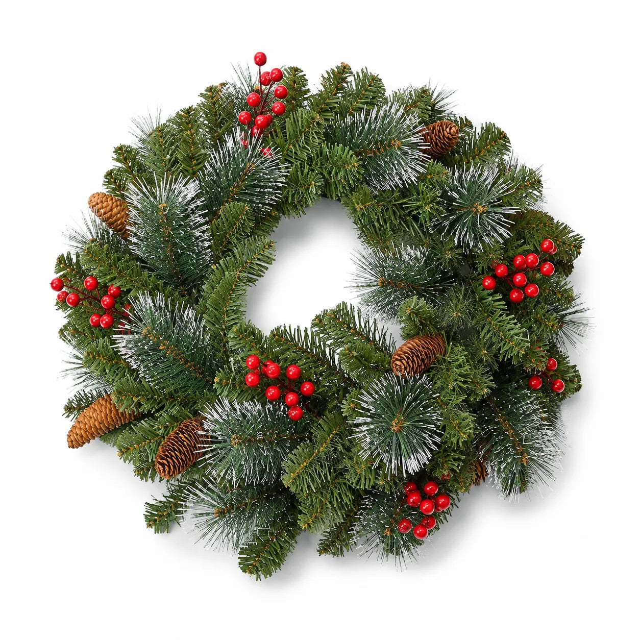 25-inch green Christmas wreath with red berries and pinecones on a white background