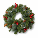 25-inch green Christmas wreath with red berries and pinecones on a white background