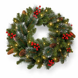 25-inch pre-lit Christmas wreath with red berries, pinecones and warm white LED lights