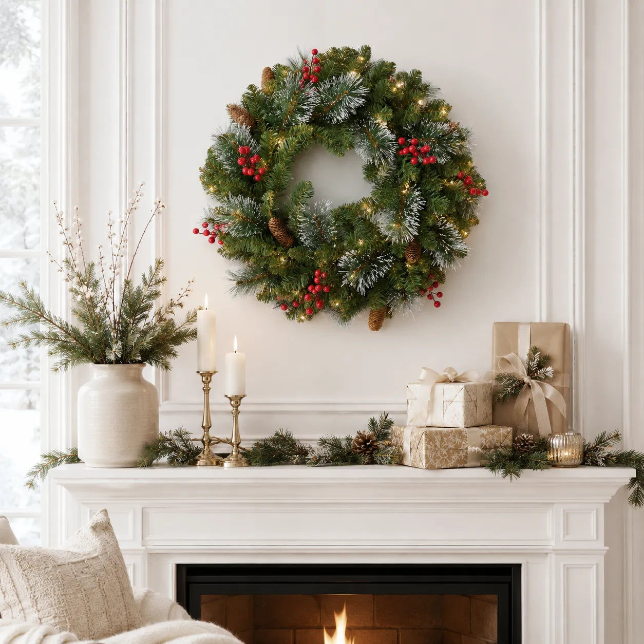 Warm white pre-lit Christmas wreath with red berries and pinecones above a mantel