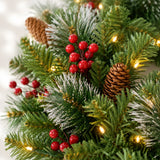Detailed mixed greenery, red berries, pinecone and warm white lights