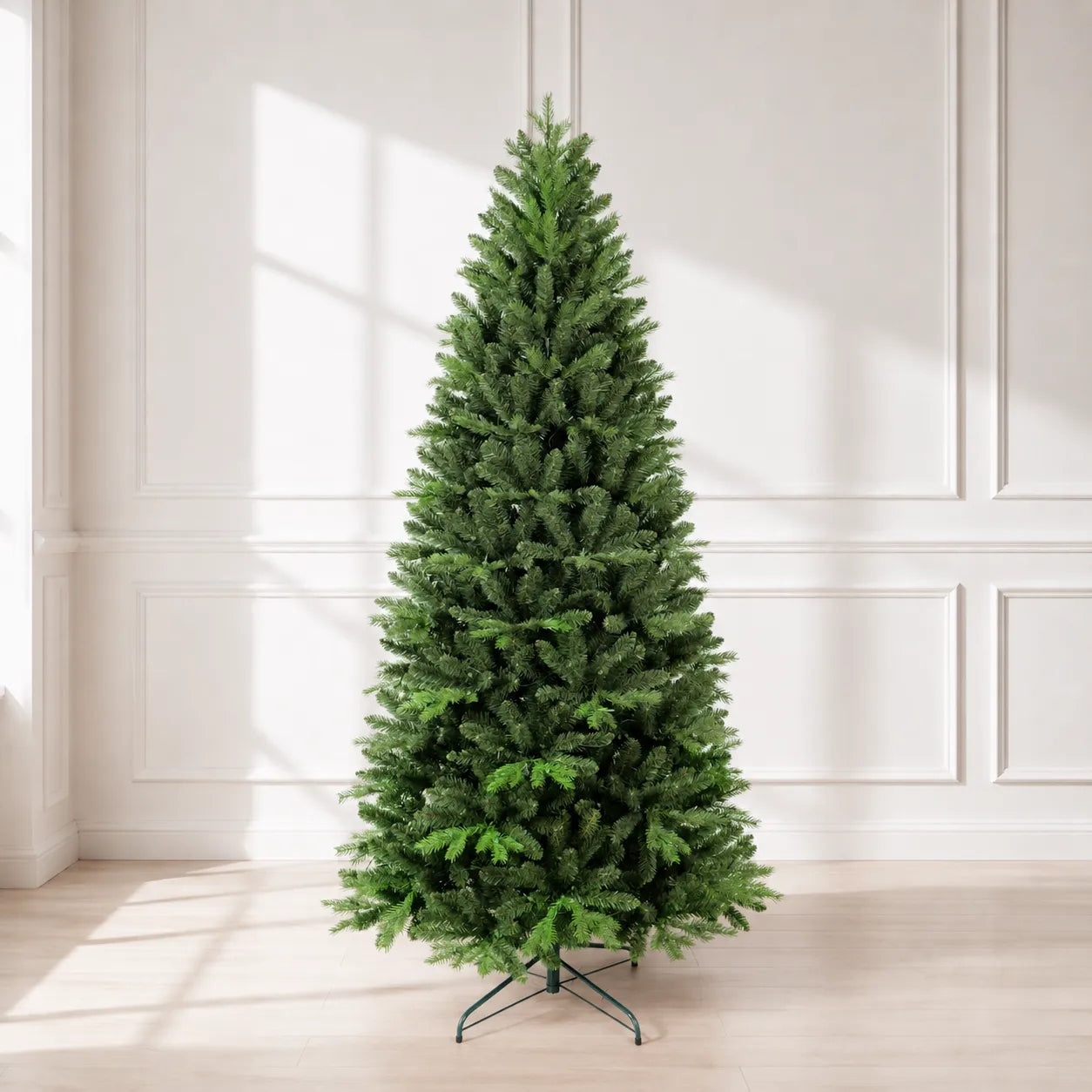 Full unlit memory-wire artificial Christmas tree displayed in a bright room