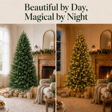 Memory-wire artificial Christmas tree shown unlit by day and pre-lit at night