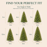Memory-wire Christmas tree size chart from 5 to 9 feet with assembled widths