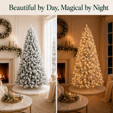 Snow-flocked artificial Christmas tree shown by day and with lights on at night
