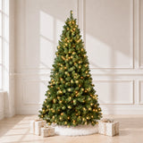 Pre-lit green PVC artificial Christmas tree in a bright room
