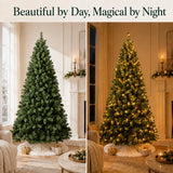 Green artificial Christmas tree shown by day and with lights on at night
