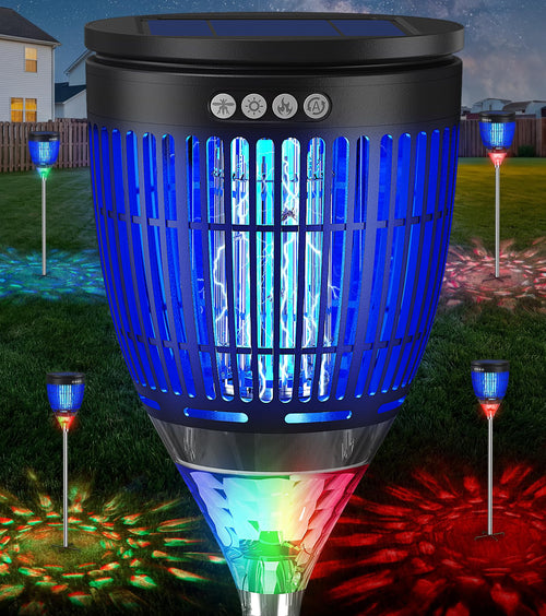 Zechuan All in 1 Solar Bug Zapper Outdoor, Flame & Projection Mode, Auto/Manual Modes, 4200V Electric Mosquito Killer with Light, IPX5 Waterproof Rechargeable Fly Insect Trap for Patio Garden Camping Yard RV