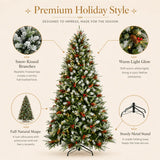 Snow-kissed branches, warm lights, full shape and metal stand on a Christmas tree
