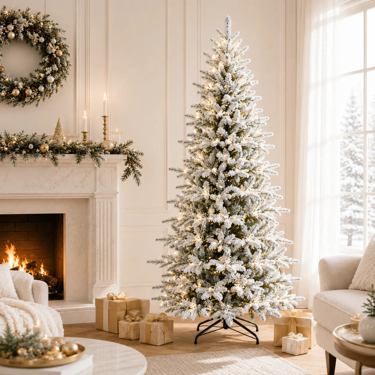 Full snow-flocked Christmas tree with integrated warm lights beside a holiday fireplace