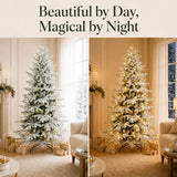 Snow-flocked pre-lit Christmas tree shown in daylight and illuminated at night