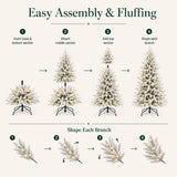 Four-step assembly and branch-fluffing guide for the snow-flocked Christmas tree