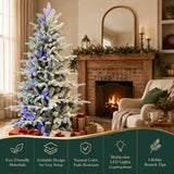 Snow-flocked Christmas tree with multi-mode color-changing LED lights by a fireplace