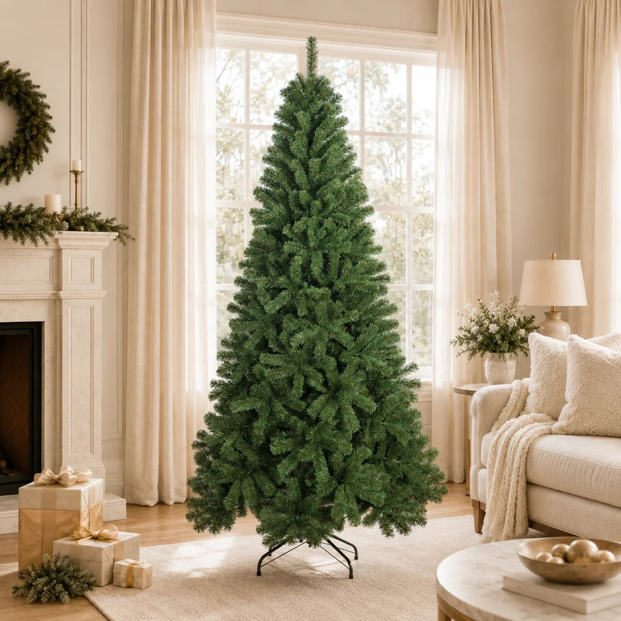 Classic green artificial Christmas tree displayed in a bright holiday living room