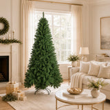 Full-profile unlit artificial Christmas tree beside a fireplace and sofa