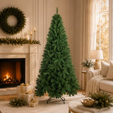 Classic green artificial Christmas tree in a warm fireplace setting