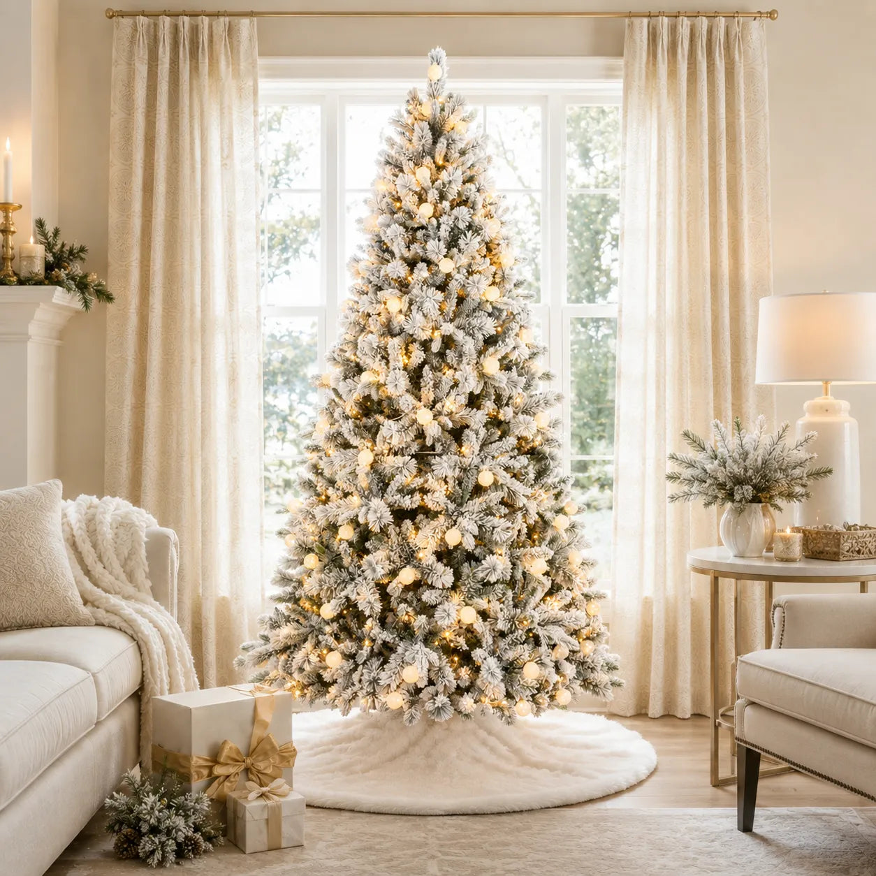 Pre-lit snow-flocked Christmas tree displayed in a bright living room