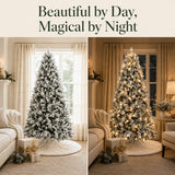 Snow-flocked Christmas tree shown illuminated by day and night