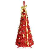 6-foot red pop-up Christmas tree with gold ribbons, ornaments, pine cones and snowflakes